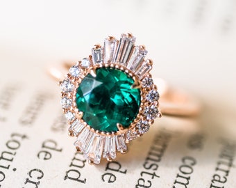 Georgiana Vintage Deco Duchess Lab Emerald Engagement Ring, Starburst Ballerina Emerald and Diamond Ring, Antique French Diamond Ring