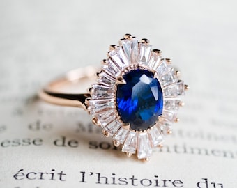 Athena Vintage Deco Goddess Oval Lab Sapphire Engagement Ring, Starburst Ballerina Blue Sapphire Diamond Ring, Antique French Diamond Ring