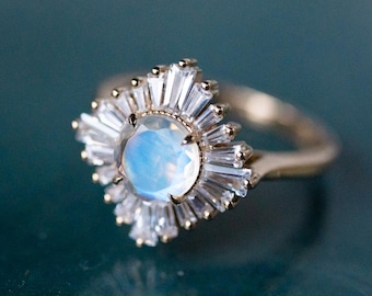 Artemis Moonstone Engagement Ring, Vintage Art Deco Goddess Art Ballerina Moonstone Diamond Ring, Rococo Antique French Rose Gold Ring