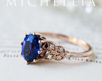 Olivia Blue Sapphire Engagement Ring, Floral Leaf Blue Sapphire Wedding Ring Set, Garden Nature Bridal Set, 14K 18K Rose Gold Platinum
