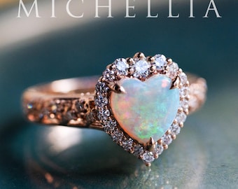One-of-a-Kind Australian Opal Heart Cut Engagement Ring, Ophelia Vintage Victorian Rococo Engagement Ring, 14K Rose Gold