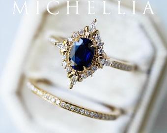 Alessandra Blue Sapphire Engagement Ring, Art Deco Oval Lab Sapphire Ring, Rose Gold Wedding Ring Set, Vintage Bridal Set, Platinum