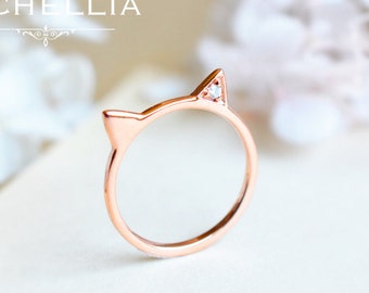 White Diamond Kitty Ring, Cat Ear Engagement Ring, Available in 14K Gold, 18K Gold, or Platinum, B4008