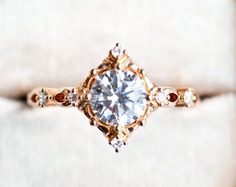 Annalise Moissanite Engagement Ring, Victorian Vintage Cocktail Ring, Art Deco Diamond Ring, 14K 18K White Yellow Rose Gold, Platinum