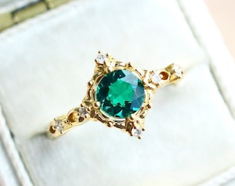 Annalise Emerald Engagement Ring, Victorian Vintage Emerald Ring, Art Deco Cocktail Emerald Ring, 14K 18K White Yellow Rose Gold, Platinum
