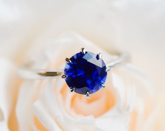 Victoria Sapphire Engagement Ring, Classic Crown Solitaire Ring, Vintage Blue Sapphire Bridal Set, Rose Gold, 14K Gold, 18K Gold, Platinum