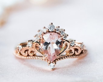 Reinette Morganite Engagement Ring, Vintage Crown Pear Morganite Ring, Teardrop Tiara Morganite Wedding Ring, 14K 18K Rose Gold Platinum
