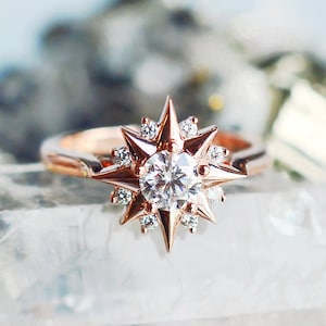 Astra Moissanite Engagement Ring, Starlight Moissanite Ring, Moon and Star Ring, Compass Rose Galaxy Celestial Ring, 14K 18K Gold Platinum image 1