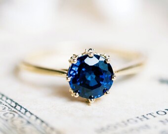 Cassandra Sapphire Solitaire Engagement Ring, Classic Crown Ring, Vintage Lab Blue Sapphire Royal Tiara Bridal Set, Rose Gold Platinum