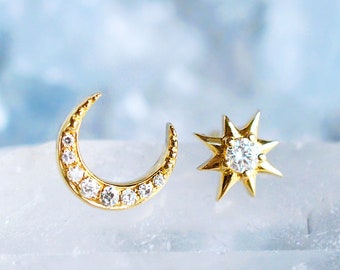 Divina Diamond Moon and Star Earrings, Galaxy Wedding Ear Stud, Moon Earrings, Celestial Gift for Her, Sun Moon and Stars, 14K 18K Rose Gold