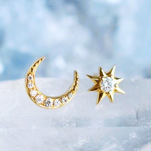 Divina Diamond Moon and Star Earrings, Galaxy Wedding Ear Stud, Moon Earrings, Celestial Gift for Her, Sun Moon and Stars, 14K 18K Rose Gold