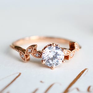 Dahlia Moissanite Engagement Ring, Petite Floral Moissanite Ring, Floral Leaf Promise Ring, Rose Gold Leaf Ring, Rose Gold Moissanite Ring image 1