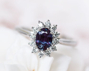 Julianne Alexandrite Engagement Ring, Vintage Bloom Halo Diamond Ring, Diana Setting, Rose Gold Oval Lab Alexandrite, Gift for Her