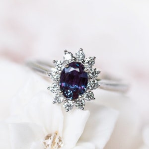 Julianne Alexandrite Engagement Ring, Vintage Bloom Halo Diamond Ring, Diana Setting, Rose Gold Oval Lab Alexandrite, Gift for Her