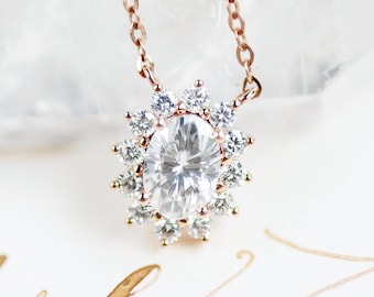 Julianne Moissanite and Diamond Necklace, Vintage Bloom Oval Necklace, Cluster Diamond Flower Necklace, Bridal Wedding Gift, Rose Gold