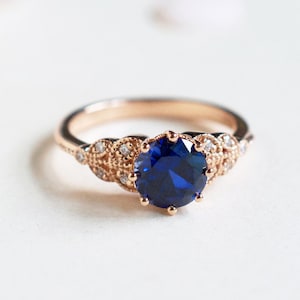 Kerensa Sapphire Engagement Ring, Floral Leaf Blue Sapphire Ring, Lab Sapphire Bridal Set, Woodland Wedding Set, 14K 18K Rose Gold Platinum