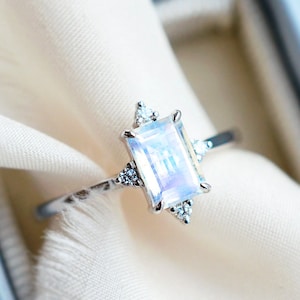 Justine Moonstone Engagement Ring, Emerald Cut Moonstone Ring, Art Deco Vintage Moonstone Ring, Rose Gold, White Gold, Platinum Moonstone