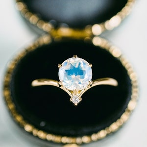Aisha Moonstone Engagement Ring, Galaxy Moonstone Ring, Celestial Engagement Ring, Moonrise Ring, Crescent Moon Ring, Galaxy Wedding image 1