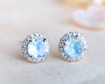 Nova Halo Diamond Earrings in Moonstone, Moonstone Diamond Ear Stud, Wedding Anniversary Gift For her, 14K 18K Solid Gold Platinum, E4001