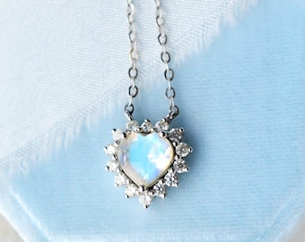 Cordelia Moonstone Necklace, Heart of the Sea Moonstone Pendant, Ocean Wedding Bridal Anniversary Gift For her, 14K 18K Rose Gold Platinum