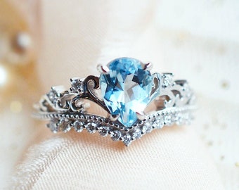 Francesca Aquamarine Engagement Ring, Vintage Crown Pear Aquamarine Ring, Art Deco Ring, Something Blue Wedding, 14K 18K Rose Gold Platinum