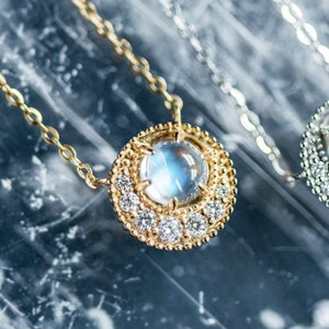 Luna Moonstone Necklace, Crescent Moon Moonstone Necklace with Diamonds, Galaxy Wedding Necklace in 14K Gold, 18K Gold, or Platinum