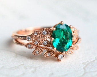 Olivia Emerald Engagement Ring, Floral Emerald Ring, Oval Emerald Ring Set, Rose Gold Bridal Set, Woodland Wedding, 14K 18K Gold Platinum