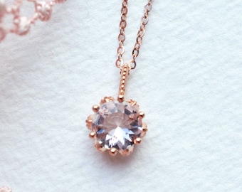 Eden Floral Morganite Necklace, Solitaire Morganite Necklace, Wedding Bridal Anniversary gift for her, Solid Rose Gold Morganite Pendant