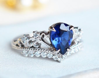 Vintage 18K Gold Blue Sapphire Eternity Anneau De Mariage Fête Femmes Hommes Bijoux