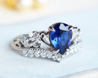 Francesca Sapphire Engagement Ring, Vintage Lab Blue Sapphire Wedding Ring, Art Deco Sapphire Ring, crown ring 14K 18K Rose Gold Platinum