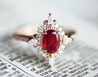 Alessandra Ruby Engagement Ring, Art Deco Oval Lab Ruby Ring, Rose Gold Wedding Ring Set, Vintage Red Ruby Bridal Set, Platinum