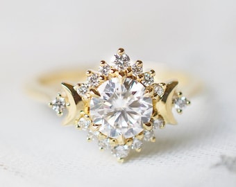 Selene Diamond Engagement Ring, Crescent Moon Goddess Moissanite Ring, Moon of My Life, My Sun and Stars, Celestial Wedding, 14K 18K Gold