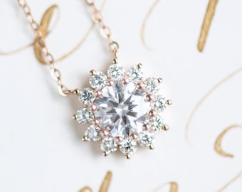 Rosalie Moissanite and Diamond Necklace, Vintage Bloom Necklace, Cluster Diamond Flower Necklace, Bridal Necklace, Wedding Gift, Rose Gold