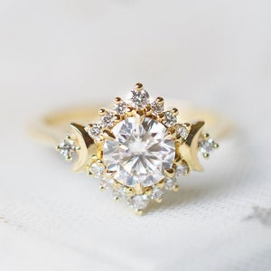 Selene Moissanit Verlobungsring, Halbmondgöttin Moissanite Ring, Mond meines Lebens, meiner Sonne und Sterne, himmlische Hochzeit, 14K 18K Gold