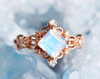 Elsa Moonstone Engagement Ring, Vintage Princess Cut Moonstone Ring Set, Square Moonstone Bridal Set, Wedding Set, in 14K 18K Gold, Platinum