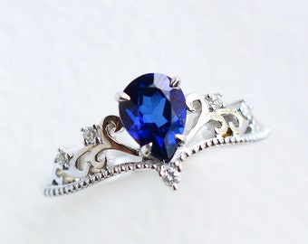 Veronica Blue Sapphire Engagement Ring, Vintage Crown Pear Blue Sapphire Ring, Lab Sapphire Bridal Set, Wedding Set, 14K 18K Gold Platinum