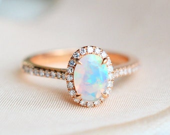 Lenora Opal Engagement Ring, Oval Halo Diamond Opal Ring, Anniversary Gift for her, Promise Ring 14K Rose Gold, 18K Gold, Platinum