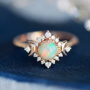 Selene Australian Opal Engagement Ring, Crescent Moon Goddess Opal Ring, Moon of My Life, My Sun and Stars, Celestial Wedding, 14K 18K Gold