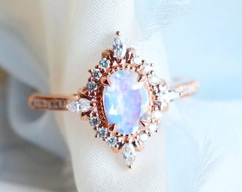 Alessandra Moonstone Engagement Ring, Art Deco Oval Moonstone Ring, Rose Gold Moonstone Engagement Ring Set, Vintage Moonstone Bridal Set