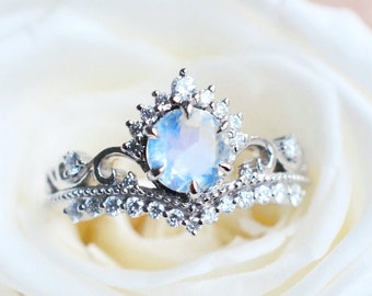 Theia Moonstone Engagement Ring, Vintage Crown Moonstone Ring, Princess Crown Moonstone Engagement Ring, White Gold, Rose Gold, Platinum