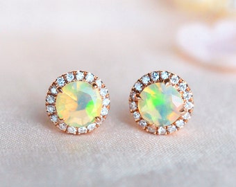Nova Halo Diamond Earrings in Opal, Rose Gold Opal Ear Stud, Bridal Wedding Gift For Her, 14K 18K Solid Gold and Platinum, E4001