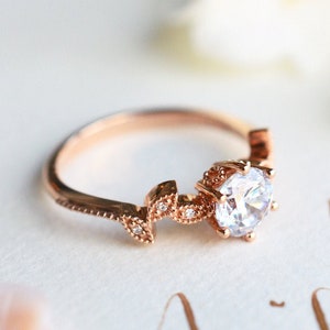 Dahlia Moissanite Engagement Ring, Petite Floral Moissanite Ring, Floral Leaf Promise Ring, Rose Gold Leaf Ring, Rose Gold Moissanite Ring image 2