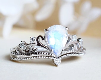 Veronica Moonstone Engagement Ring, Vintage Crown Pear Moonstone Ring Set, Princess Tiara Moonstone Bridal Set, Moonstone Wedding Set