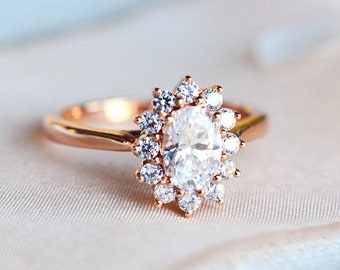 Julianne Moissanite Engagement Ring, Vintage Bloom Oval Moissanite Ring, Cluster Diamond Floral Ring, 14K 18K Platinum, Art Deco, Rose Gold