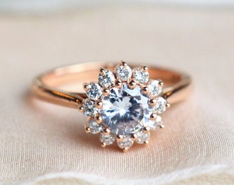 Rosalie Moissanite Engagement Ring, Vintage Bloom Moissanite Ring, Cluster Diamond Floral Ring, 14K 18K Platinum, Art Deco, Rose Gold