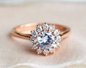 Rosalie Diamond Engagement Ring, Vintage Bloom Moissanite Ring, Cluster Diamond Floral Ring, 14K 18K Platinum, Art Deco, Rose Gold