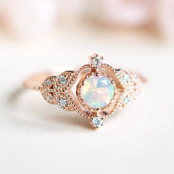 Vintage Rose Ring in Opal, Ethiopian Fire Opal Leaf Engagement Ring, Garden Wedding Ring, Rose Gold,  14K Gold, 18K Gold, or Platinum, R2003