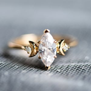 Cressida Marquise Moissanite Engagement Ring, Crescent Moon Goddess Moissanite Ring, Moon of My Life, Celestial Wedding Ring, 14K 18K Gold