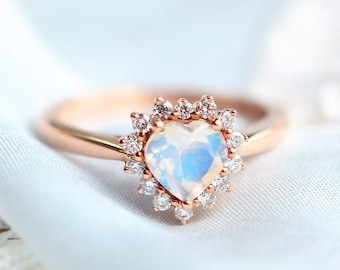 Cordelia Moonstone Engagement Ring, Heart Moonstone Ring, Heart of the Sea, Rose Gold Moonstone Promise Ring, Anniversary Gift for Her