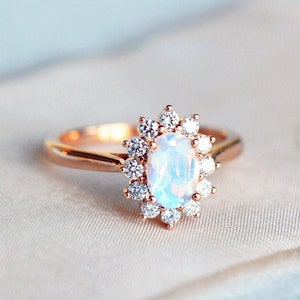 Julianne Moonstone Engagement Ring, Vintage Bloom Halo Diamond Ring, Diana Setting, Rose Gold Oval Moonstone Promise Ring, Anniversary Gift image 1